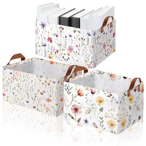 Boao 3 Pcs Wildflowers Storage Bin Wildflowers Collapsible Large Storage Baskets for Gifts Canvas Laundry Basket Foldable Box with Handle for Office Home Bedroom Clothes - style: Wildflowers
