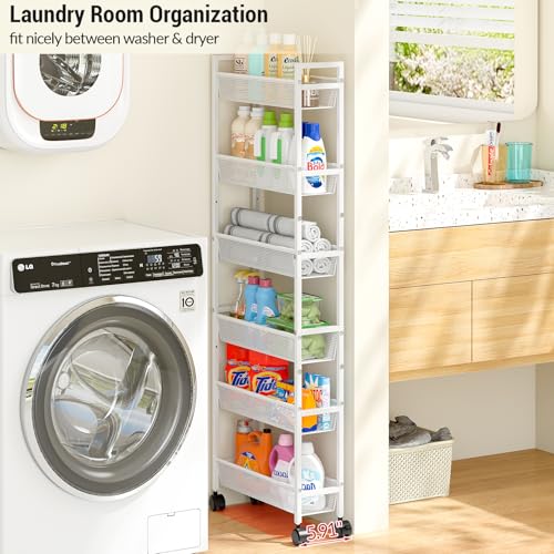ThreeHio 6 Tier Slim Storage Cart, Narrow Cart with Wheels, Metal Mobile Shelving Unit Organizer for Bathroom, Kitchen, Laundry Room, Living Room & Narrow Spaces, White, 6in(W) - color: White, size: 6 Tier(6 inches)