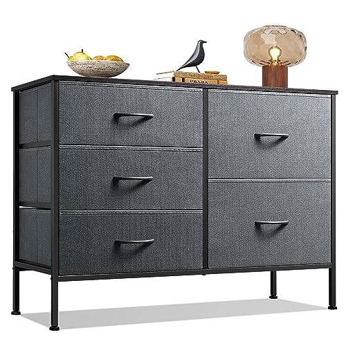 WLIVE Dresser for Bedroom with 5 Drawers, Wide Storage Dresser with Drawer Organizers, Chest of Drawers, Fabric Dressers for Living Room, Closet, Hallway, Dark Grey - color: Dark Grey