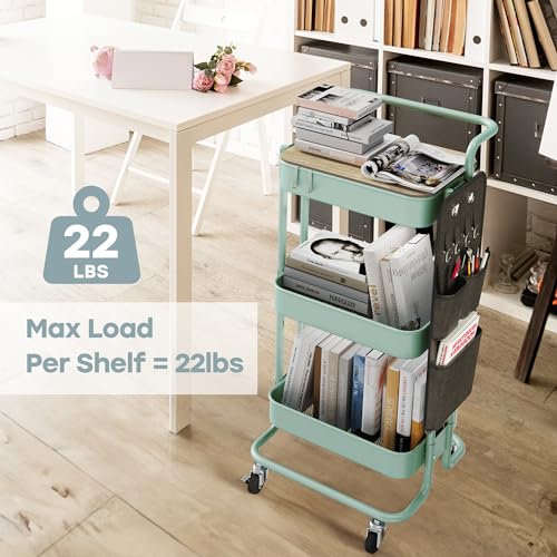 DTK 3 Tier Metal Utility Rolling Cart with Table Top and Side Bags, Metal Tray Storage Organizer Cart with Wheels, Art Craft Cart with 4 Hooks for Kitchen Bathroom Office Living Room (Green) - color: Green, size: Large