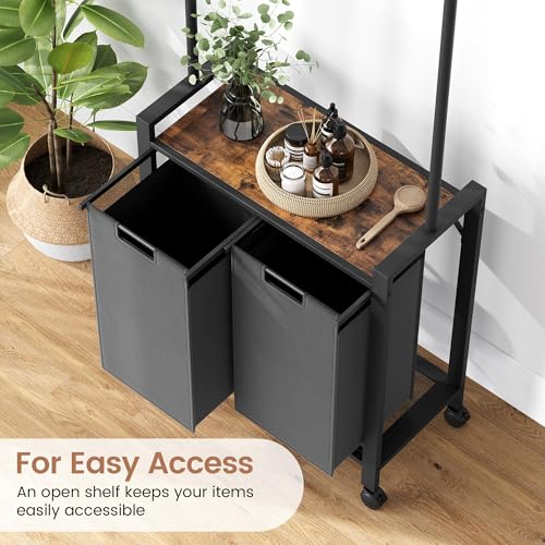 Laundry Sorter, Rolling Laundry Hamper 2-Section with Hanging Rack & Wheels,Laundry Basket Organizer for Laundry Room, Rustic Brown