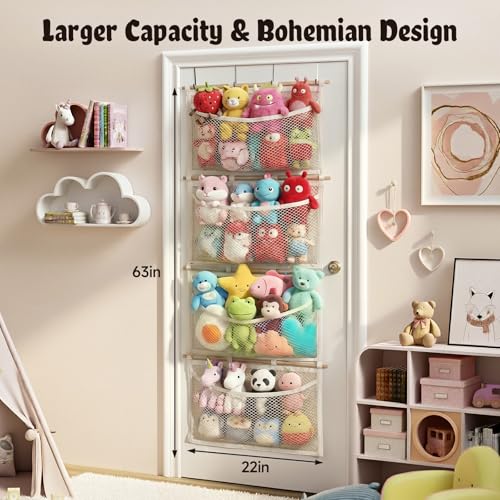 Over Door Large-Capacity Stuffed Animal Storage with Metal Hook & Wooden Stick, Hanging Plush Animal Bear Doll Toy Organizer Net Hammock Behind Door, Boho Nursery Dorm Bedroom Decor for Girl Boy Kid
