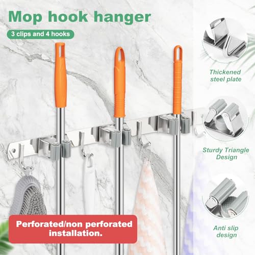 5 Pack Broom Holder Wall Mount 3 Racks 4 Hooks Stainless Steel Broom Mop Holder Anti Slip Storage Rack Strong Load Bearing Waterproof Broom and Mop Organizer Wall Hanging for Bathroom Kitchen Garage