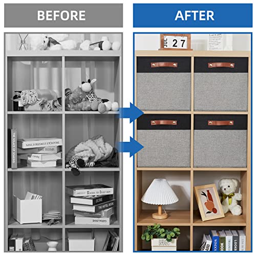 Temary 13 x 13 Storage Cubes Foldable Storage Cubes 4 Pack Canvas Storage Bin for Home, Square Storage Baskets with Leather Handles (Black&Grey) - color: Black&Grey, size: 13×13×13