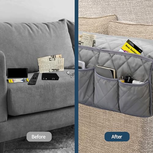 MEHIDFY Armchair Caddy, Waterproof Sofa Armrest Organizer, Non Slip Recliner Organizer, Remote Holder for Recline, Recliner Caddy with 14 Pockets Storage for TV Remote, Phone, Magazine (Grey) - color: Grey