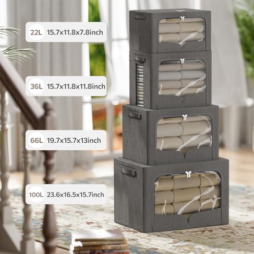 FHSQX 3 Pack Clothes Storage Bins Foldable Metal Frame Storage Box Stackable Linen Fabric Organizer Set with Carrying Handles and Clear Window (Dark Gray, 15.7x11.8x7.8inch(22L)) - color: Dark Gray, size: 15.7x11.8x7.8inch(22L)
