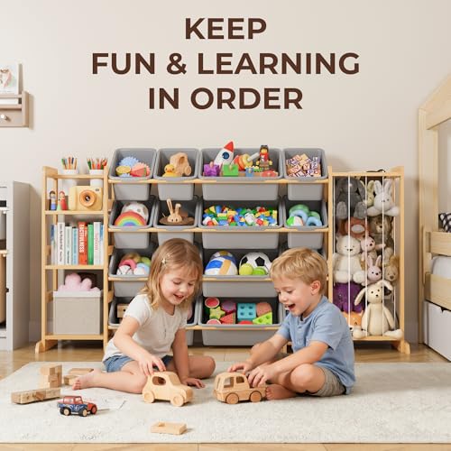 Toy Storage Organizer with Bookshelf and Stuffed Animal Storage - Kids Playroom Organization with Shelves and 16 Toy Bins - Toddler Living Room Toy Box for Lego - Nursery Bedroom Decor Essentials - color: Grey, size: 67"W,3 Shelves,16 Bins