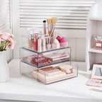 Vtopmart 3 Tier Clear Makeup Organizer with Drawer, Cosmetic Storage for Dresser Countertop and Bathroom Vanity, Beauty Holder for Lipstick Brush Skincare - style: 3 Tier