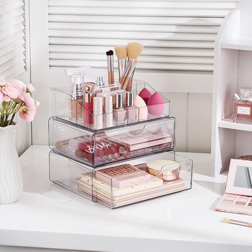 Vtopmart 3 Tier Clear Makeup Organizer with Drawer, Cosmetic Storage for Dresser Countertop and Bathroom Vanity, Beauty Holder for Lipstick Brush Skincare - style: 3 Tier