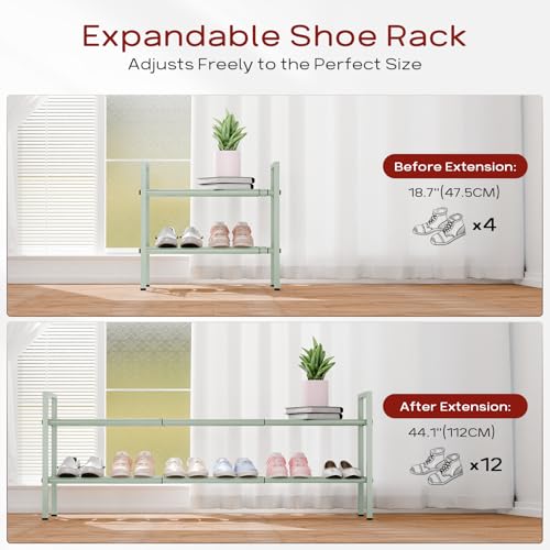 Bumusty 2-Tier Long Expandable Shoe Rack for Closet, 18"-44" Adjustable Shoe Rack for Entryway, 10-12 Pairs Large Shoe Organizer Shelf Storage, Sturdy Metal, Green - color: Green, size: 2-Tier