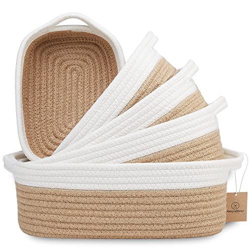 NaturalCozy 5-Piece Rectangle Storage Basket Set- Natural Cotton Rope Woven Baskets for Organizing! Small Basket for Montessori, Baby Nursery, Dog Toy Baskets, Cat Toy Box, Bathroom Organization Bin - color: Off White & Jute