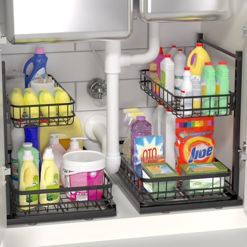 Under Sink Organizer, Adjustable Height Pull-Out Kitchen Storage Organization,15.8" x 11.8" x 16.5", 2-Tier Kitchen Shelf, Bathroom Drawer Organizer, 2 Pack|Black - color: Black, size: B 2 Pack