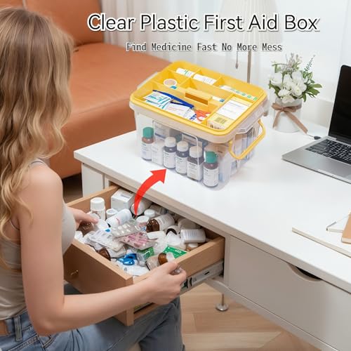 Pulseplay Clear Medicine Storage Box with Handle Portable Medicine Cabinet Organizer Multipurpose Plastic Storage Box with Removeable Tray for Home Office Travel Outdoor (Yellow) - color: Yellow