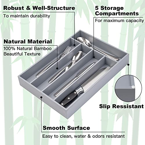 Besilord Bamboo Silverware Holder - Drawer Organizer with 5 Slots (Gray) - color: Gray, size: 5 Slots