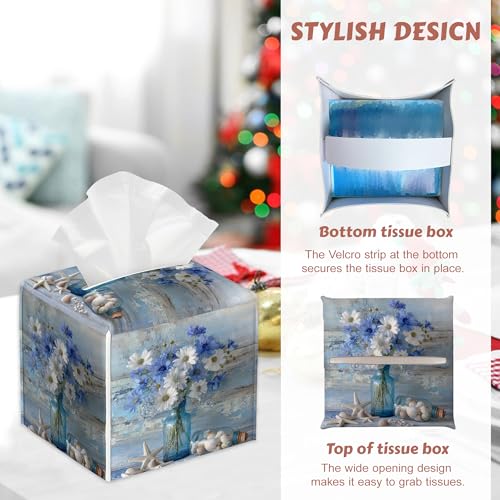 Tissue Holder - Blue White Flowers Tissue Box Cover,Beach Starfish Seashell Leather Tissue Box Cover Square, Paper Facial Decorative Tissues Cover for Bathroom Home Car Nightstand Vanity Desk, 2 Pcs - color: Blue White Flowers Beach Starfish Seashell