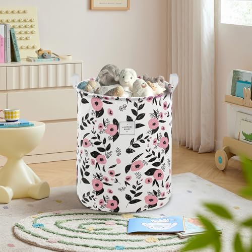 Mziart Cute Laundry Basket, Large Floral Laundry Hamper for Girls Kids Toys Collapsible Clothes Organizer Waterproof Foldable Baby Hamper for Nursery Dorm Fabric Storage Basket Bin with Handles (Pink) - color: Pink