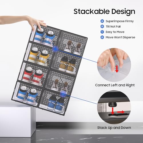 eWonLife X-Large Shoe Boxes with Magnetic Door, 12-Pack Stackable Shoes Storage Organizer for Closet, Clear Plastic Sneaker Container Shoe Rack for Size 12, Black - color: Black