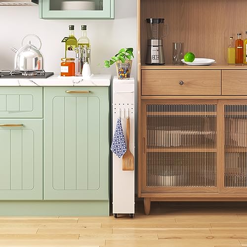 XYZLVSI Slim Storage Cart, 5 in Width, 4-Tier White Rolling Cart with Handle & Wooden Top for Kitchen Bathroom Laundry Narrow Places - size: 5.1IN-White
