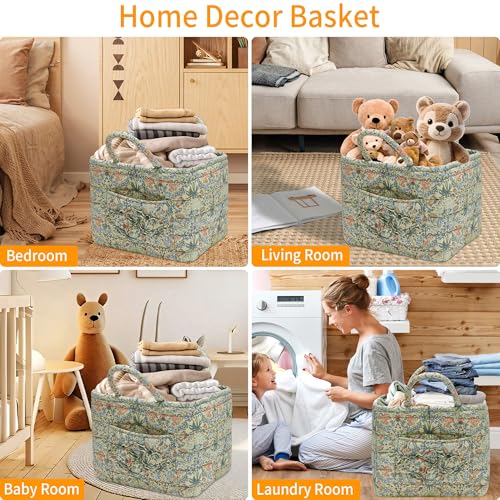 Quilted Fabric Storage Baskets with Handles, Boho Floral Gift Basket Foldable Organizer Bin for Home Decor, Picnic, Travel 12''x10''x10'' (Light Green) - color: Light Green