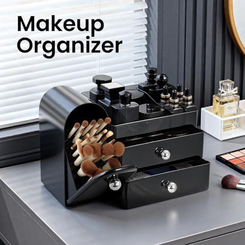 Makeup Organizer,Vanity Organizer with Makeup Brush Holder,Large Skincare Organizers with Drawers,Bathroom Countertop Organizer,Storage Lipstick,Perfume,Nail Polish,Beauty,Mothers Day Gifts - color: Black