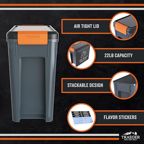Traeger Grills BAC637 Stay Dry Pellet Storage Bin with Locking Lid, 22lb Capacity Wood Pellet Container with Flavor Stickers, Stackable Design, Airtight Storage for Grill Pellets