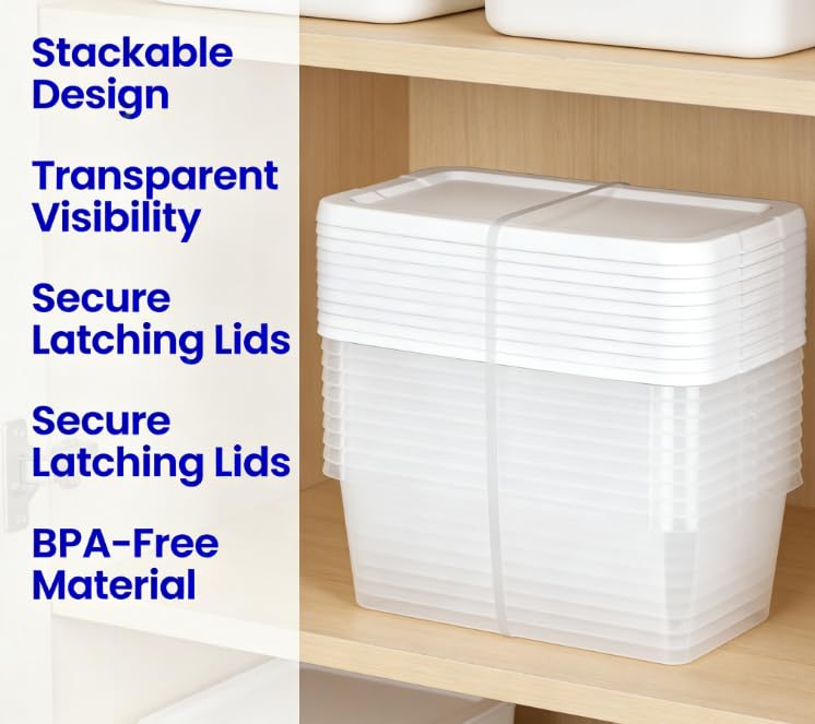 10-Pack of 6 Quart Clear Storage Boxes, Modern style, durable and sturdy, White Plastic with Snap-On Lids, Suitable for bedroom storage