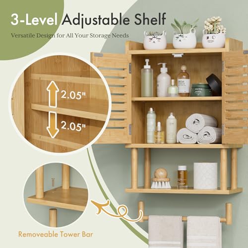 AmazerBath Bathroom Wall Cabinet, Bamboo Over The Toilet Storage Cabinet, Hanging Medicine Cabinets with Towel Bar, Wall Mounted Storage Shelf with Adjustable Shelves for Small Spaces - color: Natural With Striped Door, size: 16.5" W x 26.6" H