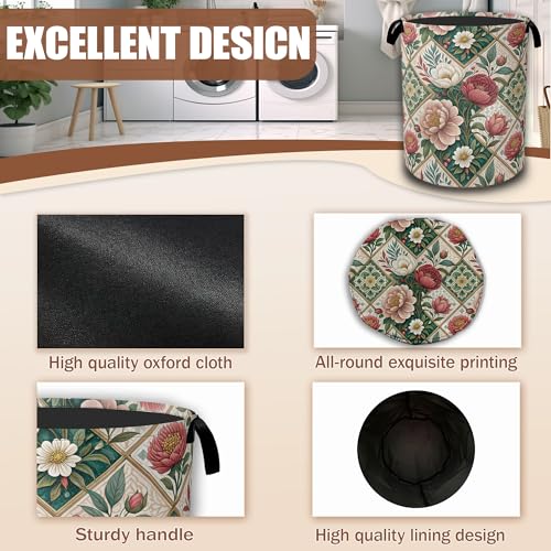Elegant Floral Laundry Basket,Waterproof Foldable Vintage Peonies Roses Laundry Hamper,Dirty Clothes Basket, Linen Bin Storage Organizer Collection 16" x 20.8" - color: Elegant Floral,Vintage Peonies Roses