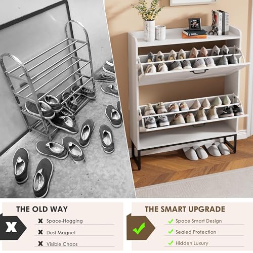 Nicetree Shoe Cabinet with 2 Flip Drawers, Freestanding Shoe Organizer, Shoe Cabinet with Metal Legs, Narrow Shoe Rack Cabinet for Entryway, Foyer, Hallway, White - color: Alabaster, style: 2-Drawers