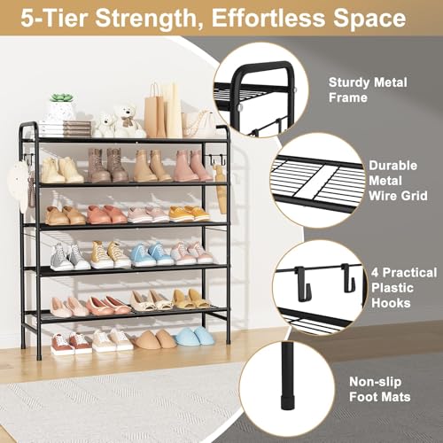 VILICK 5 Tier Shoe Rack 33" Wide Metal Shoe Organizer Long Shoe Storage with 4 Side Hooks Sturdy Shoes Shelf for Closet, Front Door Entrance, Garage, Dorm, Black - size: 5-Tier (11"x 33"x 37.8")