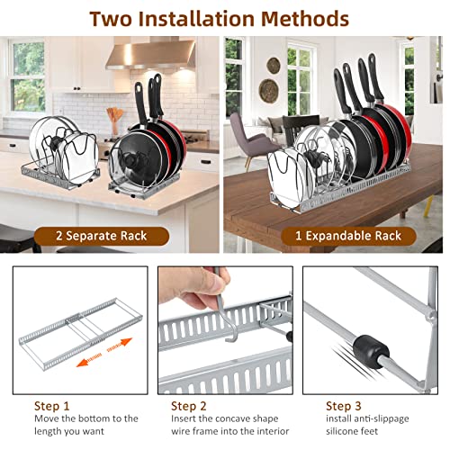 ROOHUA Pot Rack Organizer -Expandable Pot and Pan Organizer for Cabinet,Pot Lid Organizer Holder with 10 Adjustable Compartment for Kitchen Cabinet Cookware Baking Frying Rack Grey - color: Grey