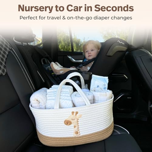 Giraffe Diaper Caddy Organizer for Baby Cotton Rope Nursery Storage Basket 17"x10.5"x7" with Removable Dividers Portable Changing Table Organizer, Car Caddy, Baby Shower Basket