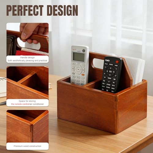 DAWASAPAT Acacia Wood Remote Control Holder with Handle, Desk Organizer with 3 Compartments, Wood TV Stand Decor, Easy Storage TV Remote Holder for Living Room, Bedside Caddy, Office Supplies