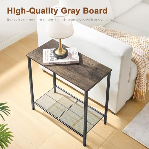 Hoctieon 2 Tier End Table, Sofa Side Table, Narrow Side Table with Storage, Slim Nightstand for Small Spaces, Metal Frame, for Living Room, Bedroom, Sofa Couch, Hall, Grey - color: Grey, size: 1 Pack