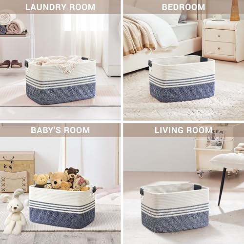 60L Large Laundry Basket with Leather Handles for Living Room Storage, Woven Rope Baskets Bin for Blanket, Kids Toy, Gifts, Wicker Hamper for Bedroom Dirty Clothes, 21"x15"x11" Denim Blue - color: Denim Blue, size: 60L