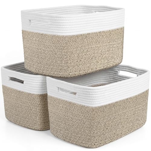 Storage Baskets for Organizing, 14 x 10 x 9” Closet Shelf Woven Baskets, Square Bins with Handles, Cotton Rope Basket for Toys, Clothes, Office, Room, White+Rice Brown 3 Pack - color: White+Rice Brown, size: 3pcs