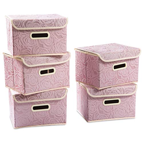 PRANDOM Foldable Storage Boxes with Lids [5-Pack] Fabric Decorative Storage Bins Cubes Organizer Containers Baskets with Cover Handles Divider for Bedroom Closet Living Room Pink 9.8x7.9x6.7 Inch - color: Pink, size: Small(5-Pack)