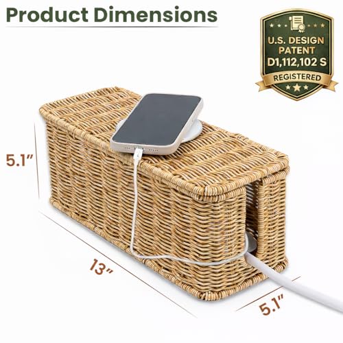 Cable Management Box, Handmade Rattan Cable Organizer with 2 Open Slots, Cord Hider for Power Strip, Router & USB Hub, Registered U.S. Design Patent (D1,112,102), 13" x 5.1" x 5.1", Natural - color: Natural, style: Rectangle