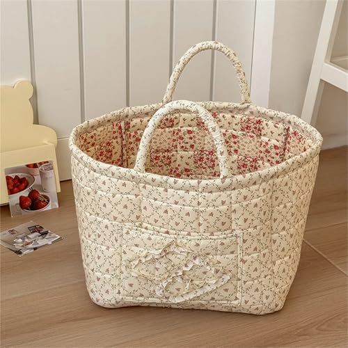 Quilted Fabric Storage Basket with Handles & Pocket, Foldable Laundry Hamper Boho Floral Print Organizer Bin for Home, Picnic, Office 12"x10"x10" (A-2) - color: A-2
