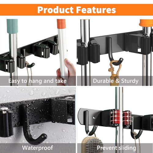 CUXIXA Mop and Broom Holder Wall Mount, Upgraded Broom Organizer Wall Mount, Stainless Steel Broom Hanger Wall Mount for Kitchen Garden Laundry Room Decor(4 Racks with 5 Hooks Black) - color: Black, size: 4 Racks with 5 Hooks