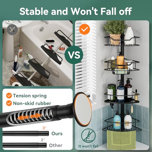 Corner Shower Caddy Tension Pole, 4 Tier Rustproof Shower Tension Rod Organizer, Adjustable 25-125 Inch Bathroom Shower Organizer Shelves for Bathtub Shampoo Storage, Black - color: Black