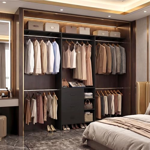 Aheaplus Closet System, Closet Organizer with 3 Wooden Drawers, 8FT Closet Organizer System, 96’’ Walk-in Closet Wardrobe Clothes Rack with Hanging Rods, Adjustable Garment Rack, Fits 5.3-9 ft, Black - color: Black