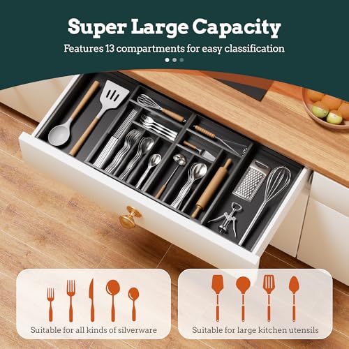Silverware Organizer Large, Magnetic Connected Expandable 13 Slots Silverware Drawer Organizer From 21 to 37.4 Inches, Adjustable Flatware and Cutlery Holder, Bamboo Utensil Tray for Kitchen Black - color: Black, size: 13 Slots