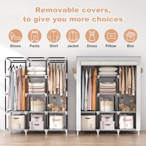VTRIN Portable Closet Wardrobe for Hanging Clothes with 2 Hanging Rods and 8 Storage Organizer Shelves,Sturdy Large Wardrobe Closet for Bedroom Free Standing Clothes Rack with Cover,White - color: White, size: 3 Row - 49'' Wide