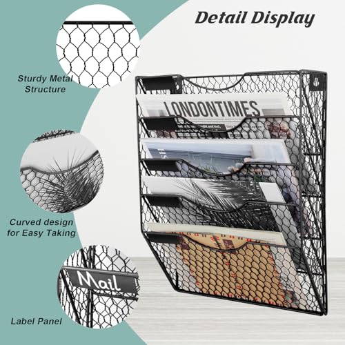 EASEPRES Mail Organizer Wall Mount, 5 Tier Metal Chicken Wire Hanging File Holder Office Storage and Organization - color: Black, size: 5 Tier