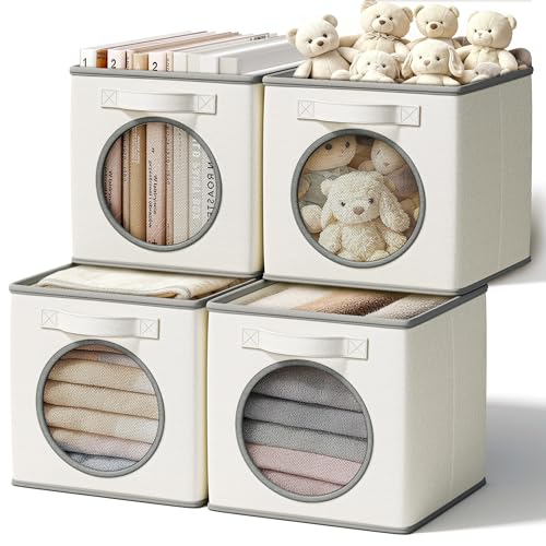 Vailando Ultra Thick Fabric Foldable Storage Cubes with Mesh Window - 11 Inch Cube Storage Organizer for Clothes, Shelves, Offices, Toys & Misc, White & Ivory, 4 Pack - color: White & Ivory, size: 4pcs-Cube 11"