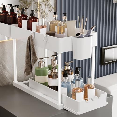 2 Pack Under Sink Organizers and Storage, 2-Tier Sliding Cabinet Organizer Drawer for Bathroom and Kitchen – Multi-Purpose Cabinet Organizer with Easy Pull-Out Design (White) - color: White., size: 2 Pack
