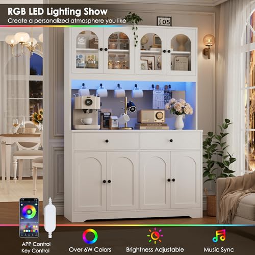 HIFIT 71" LED Kitchen Pantry Cabinet with Power Outlet, Large Kitchen Hutch Storage Cabinet with Arched Door & Shelves & 2 Drawers, Tall Modern Coffee Bar with Hutch for Home Dining Living Room, White - color: White