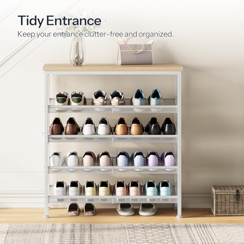 HOOBRO Shoe Rack for Entryway, 5-Tier Shoe Organizer with Adjustable Mesh Shelves, 12-16 Pairs of Shoes, Spacious Floor Mount, Metal, Industrial, Shoe Shelf for Closet, Natural and White WN12XJ01 - color: Natural + White, size: 29.5"W x 11.8"D x 31.8"H