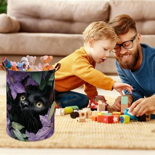 Cat Laundry Basket with Dark Botanical Art, Funky Collapsible Oxford Cloth Hamper for Kids Room, Colorful Floral Storage Bin for Spring Decor (15.75x15.75x19.7") - color: Colorful592